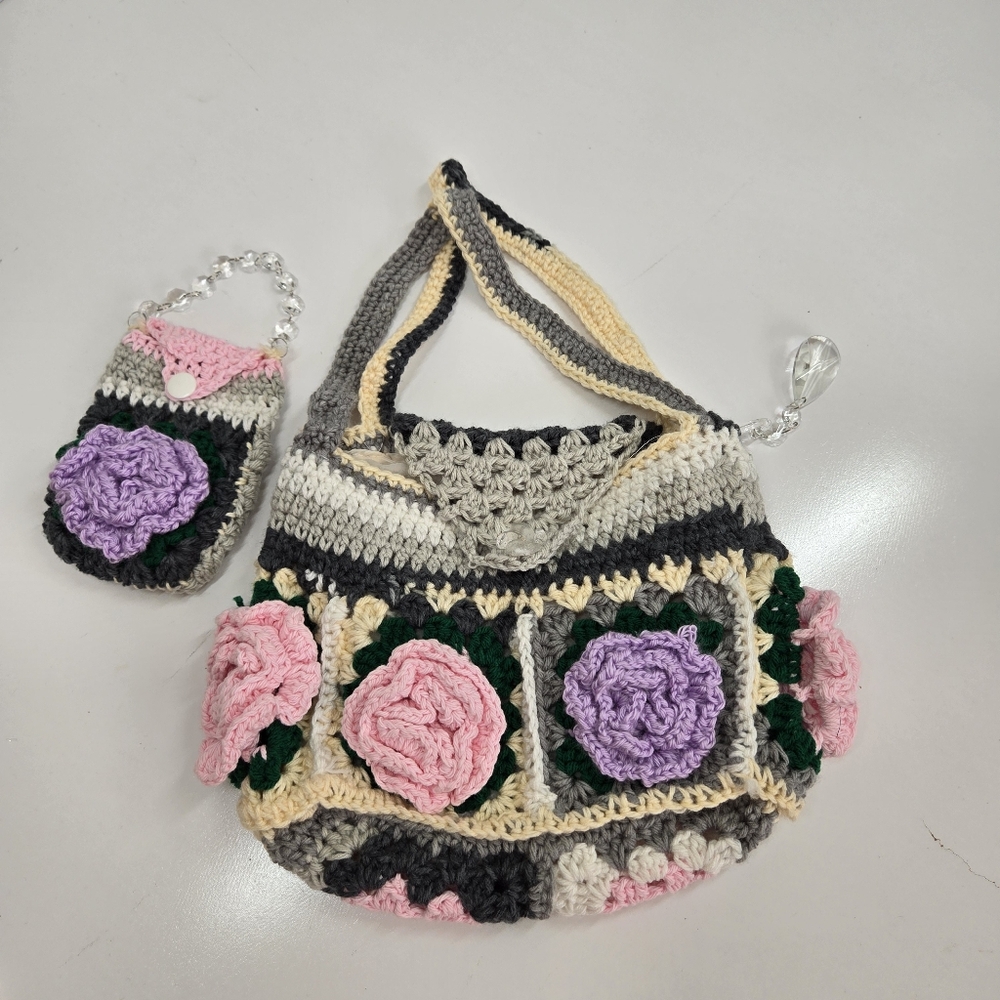 Handmade Crochet Roses Shoulder Beach Market Bag/ Matching Cellphone Bag Grey